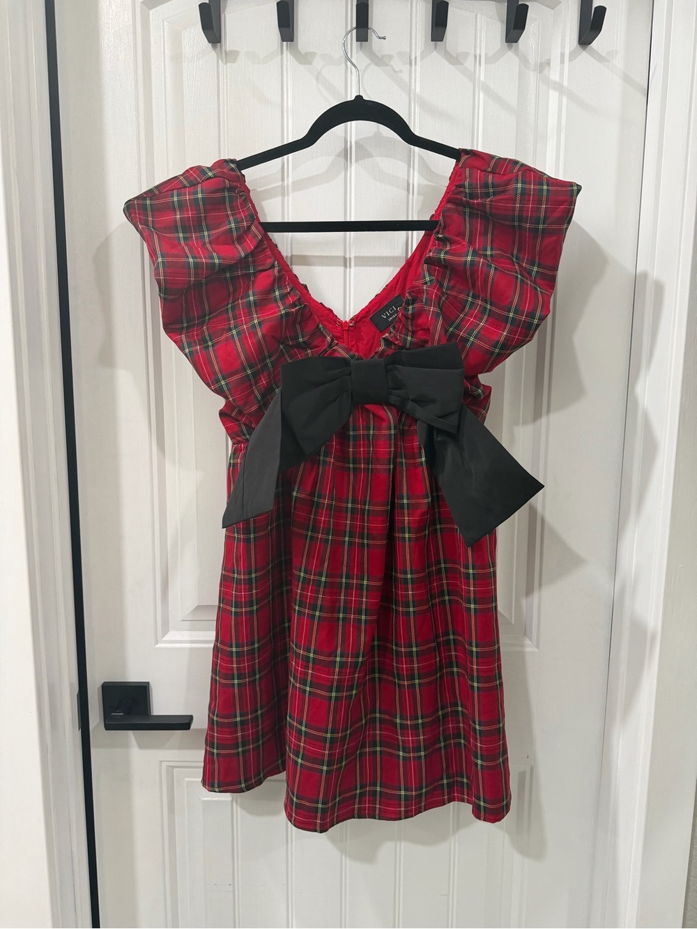 NWT Vici Red Plaid Mini BabyDoll Dress with Black Bow-Small - Picture 4 of 9